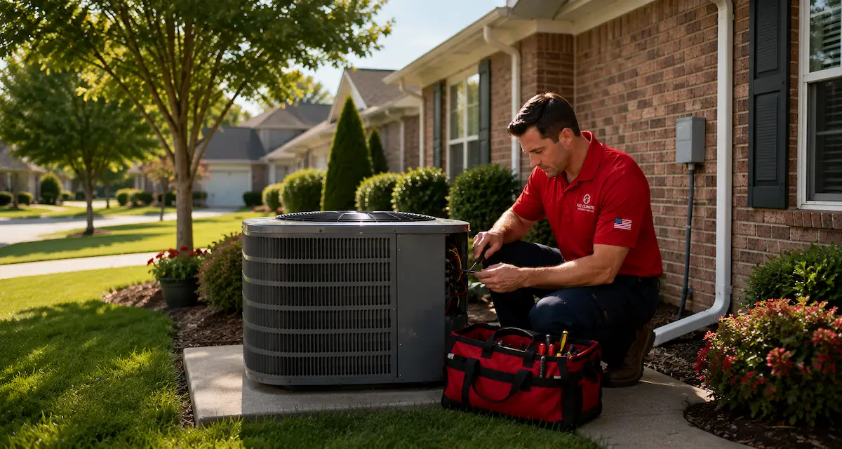All Climate technician performing maintenance on an outdoor air conditioning unit